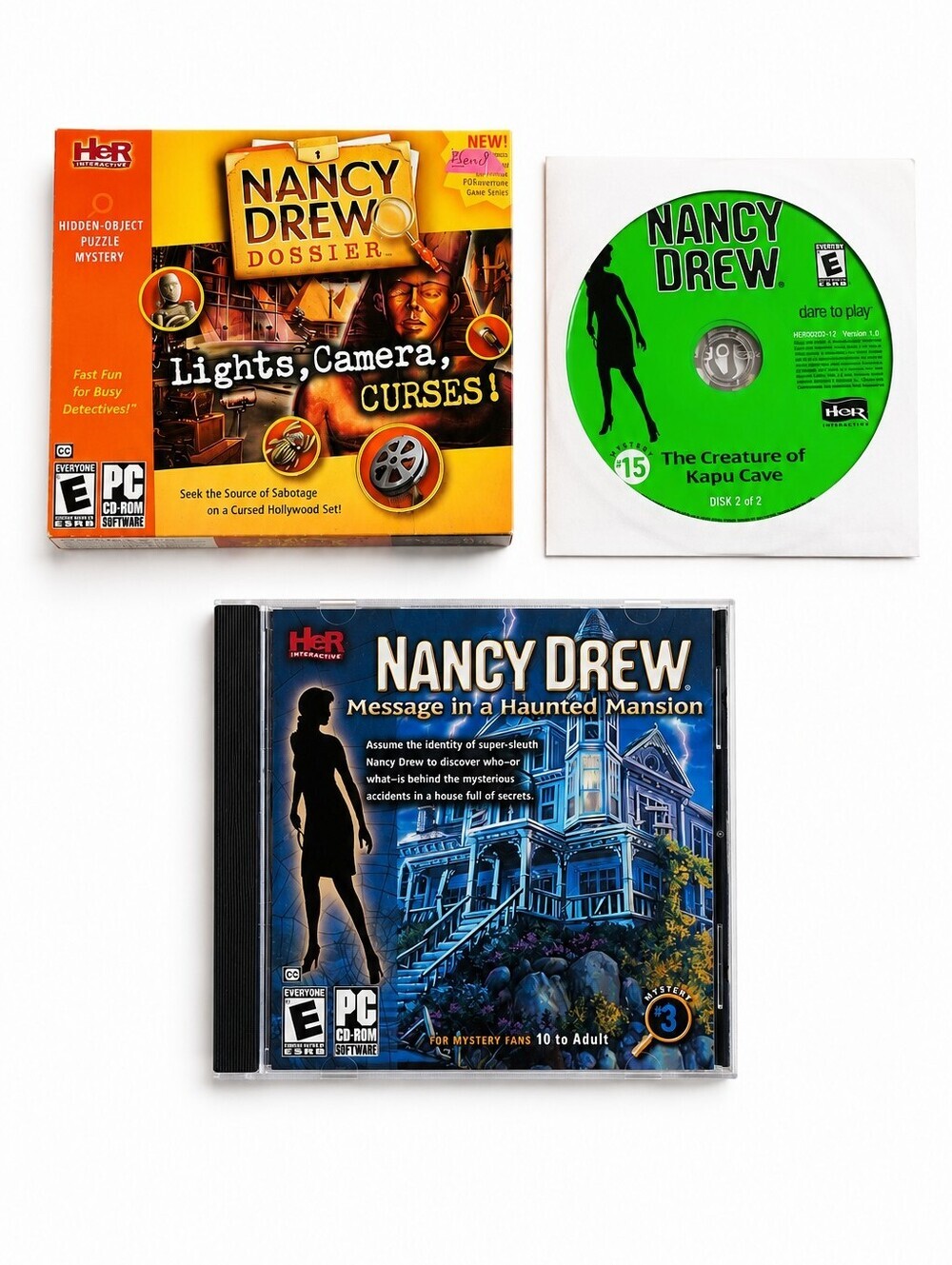 Nancy Drew Lot Of 3 Used Detective PC CD Rom Games Haunted Mansion, Kapu Cave+
